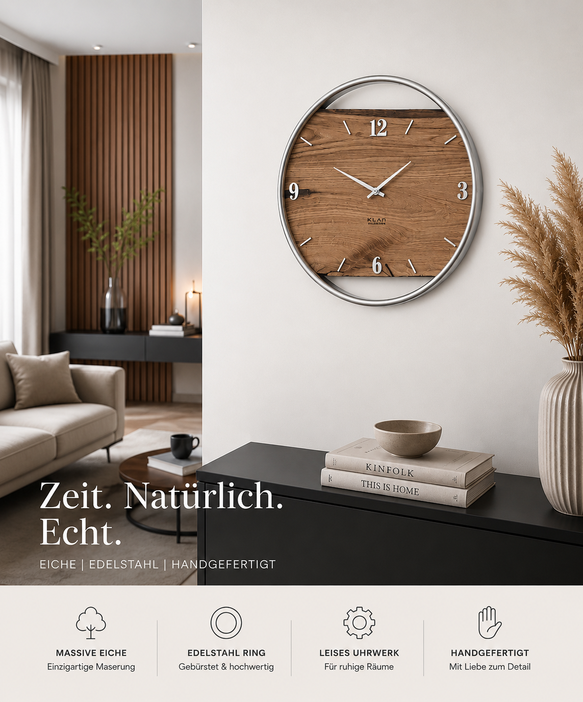 Handgefertigte Wanduhr aus massiver Eiche und Edelstahl – 45 cm NO 600