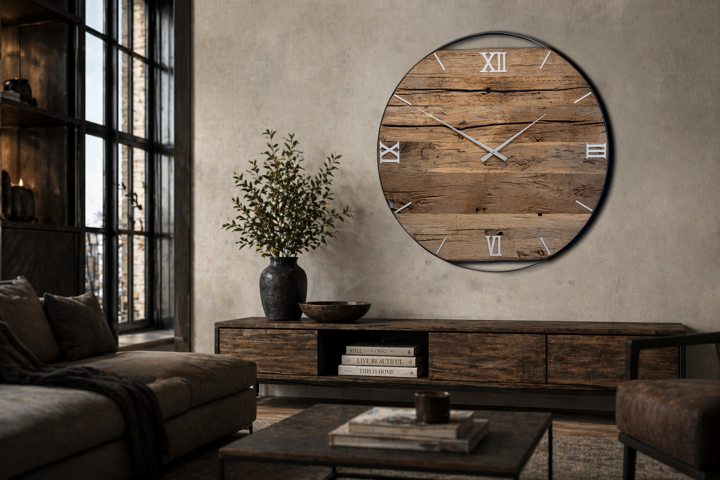 XXL Wanduhr aus Altholz-Eiche & Edelstahl – 120 cm | Handgefertigtes Unikat No 599