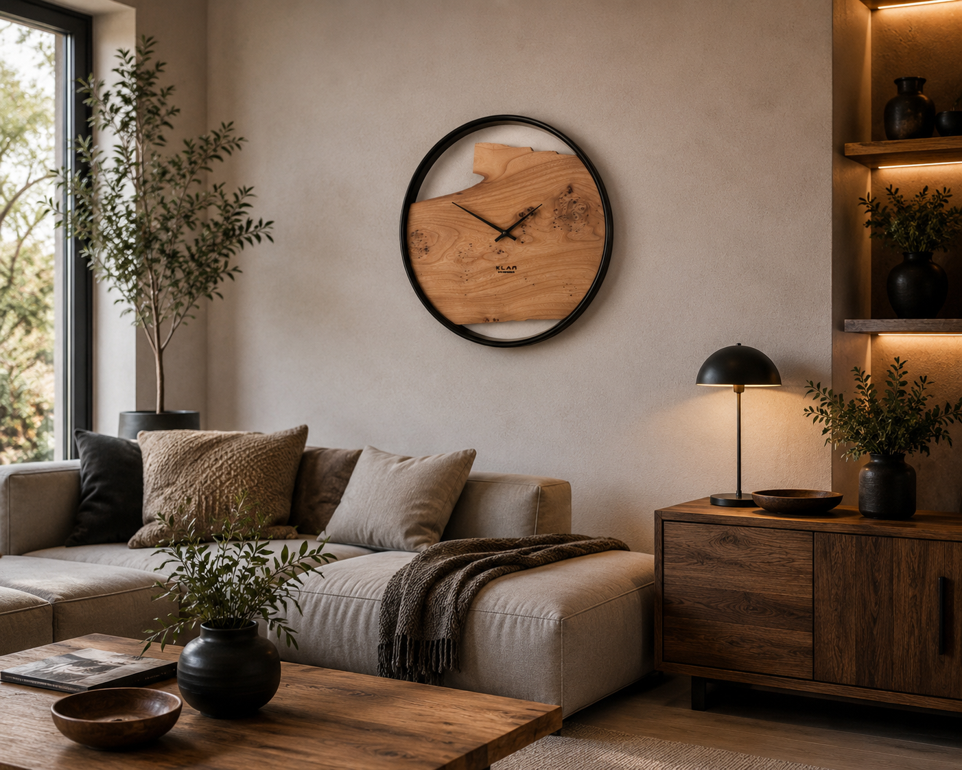 Handgefertigte Wanduhr aus Ulme 40 cm mit Naturkante und schwarzem Edelstahlring in modernem Wohnzimmer – KLAN-Holzdesign NO 573
