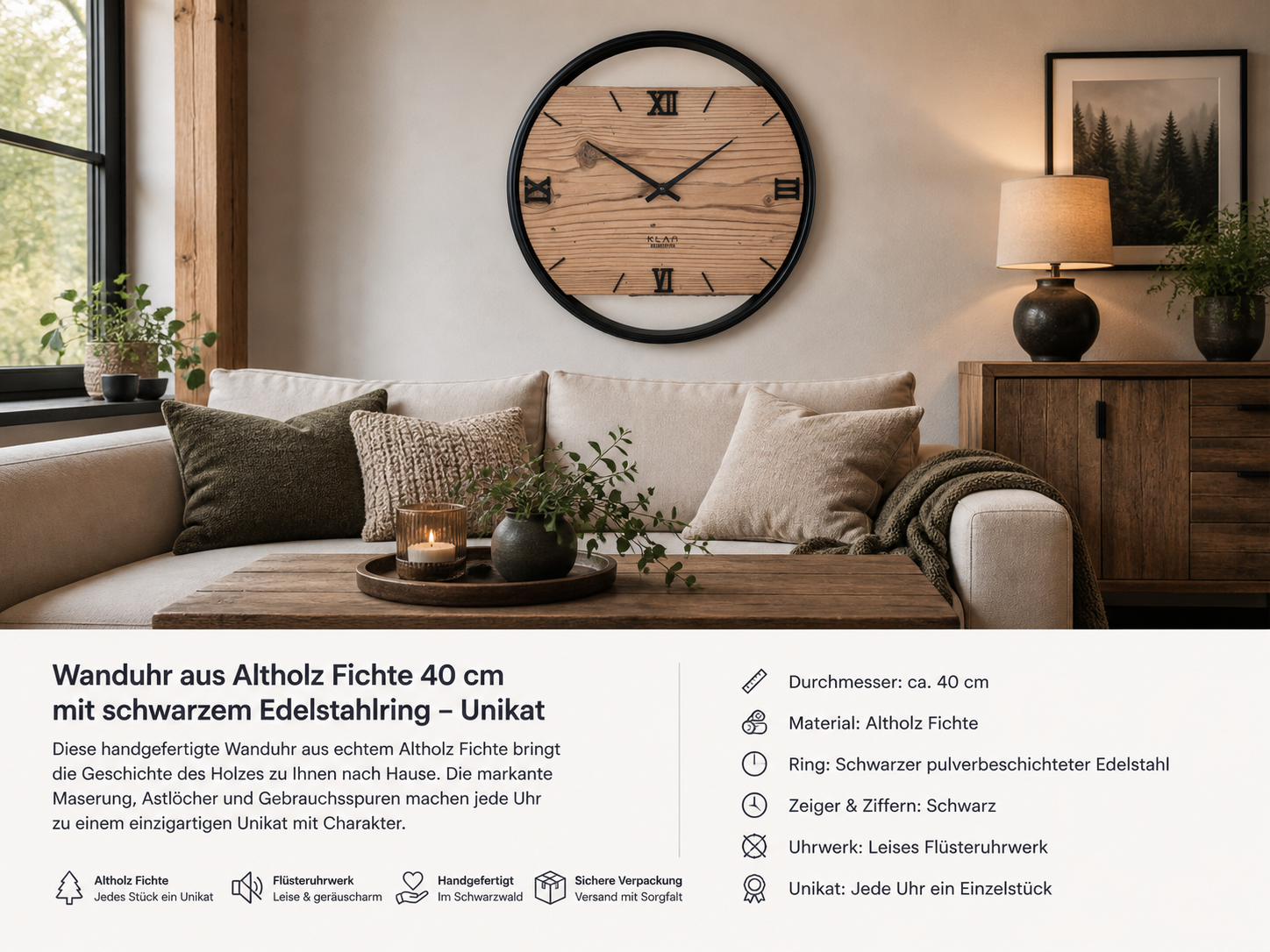 Wanduhr aus Altholz Fichte 40 cm mit schwarzem Edelstahlring als rustikale Wanddekoration im modernen Wohnzimmer