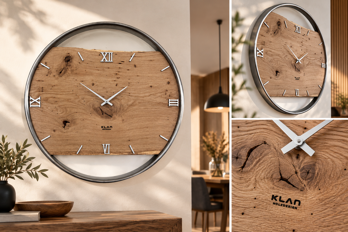 Große Eichenholz-Wanduhr mit Edelstahlring im Wohnzimmer