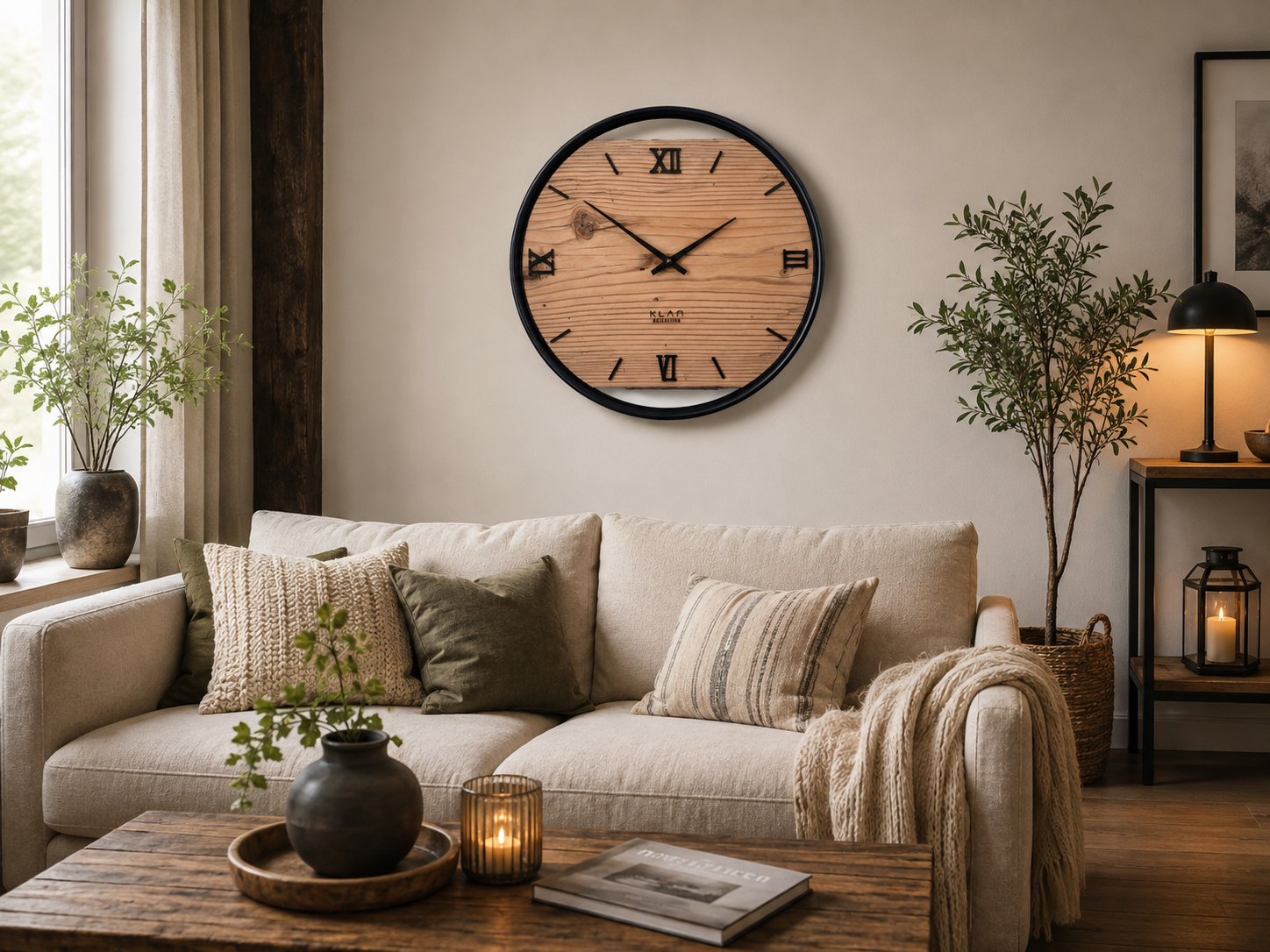 Wanduhr aus Altholz Fichte 40 cm mit schwarzem Edelstahlring als rustikale Wanddekoration im modernen Wohnzimmer