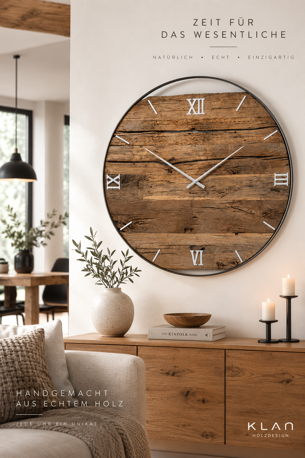 XXL Wanduhr aus Altholz-Eiche & Edelstahl – 120 cm | Handgefertigtes Unikat No 599