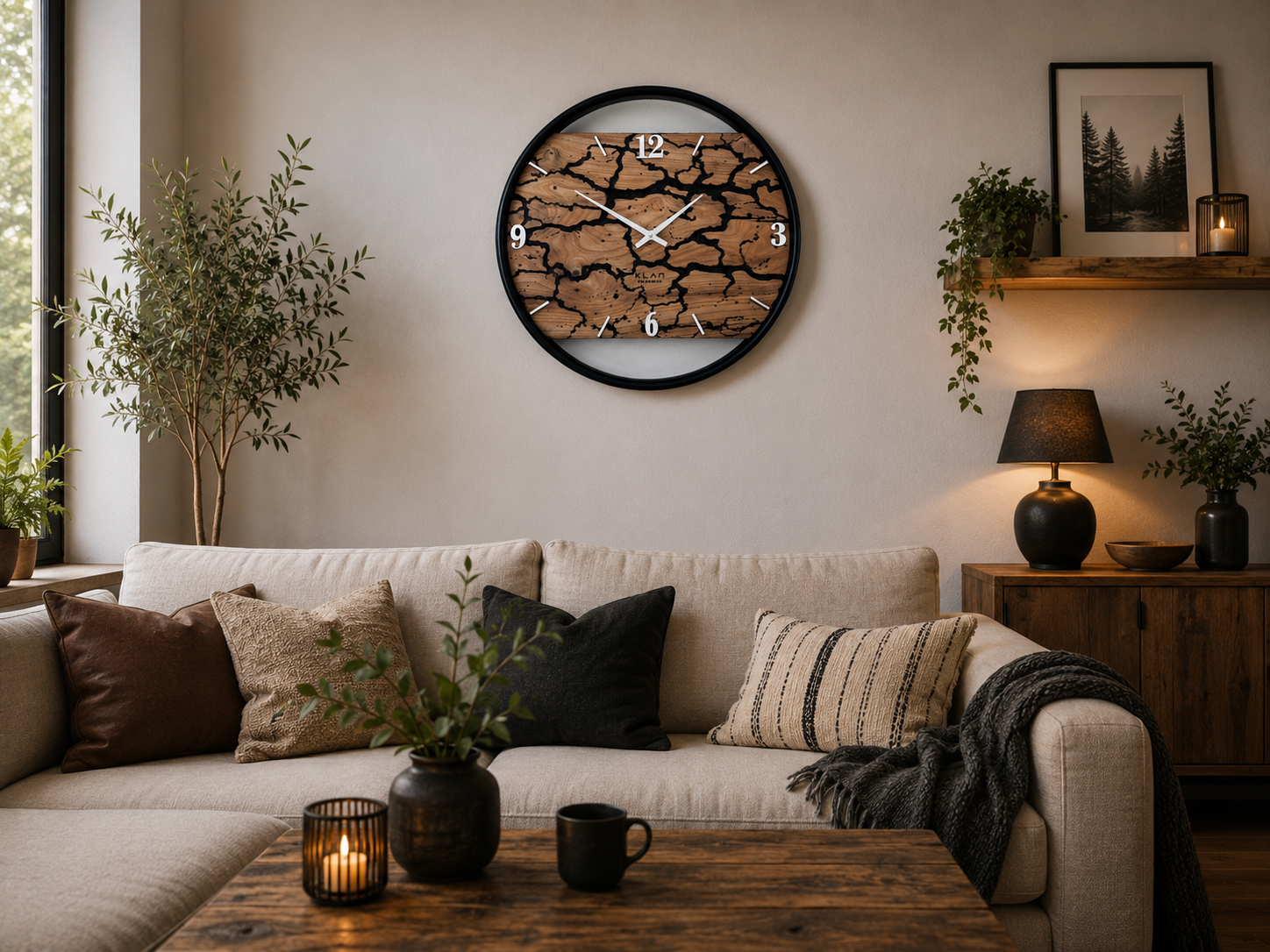 Wanduhr aus Ulme 40 cm mit Blitzstruktur und schwarzem Edelstahlring im modernen Wohnzimmer – Unikat NO 572