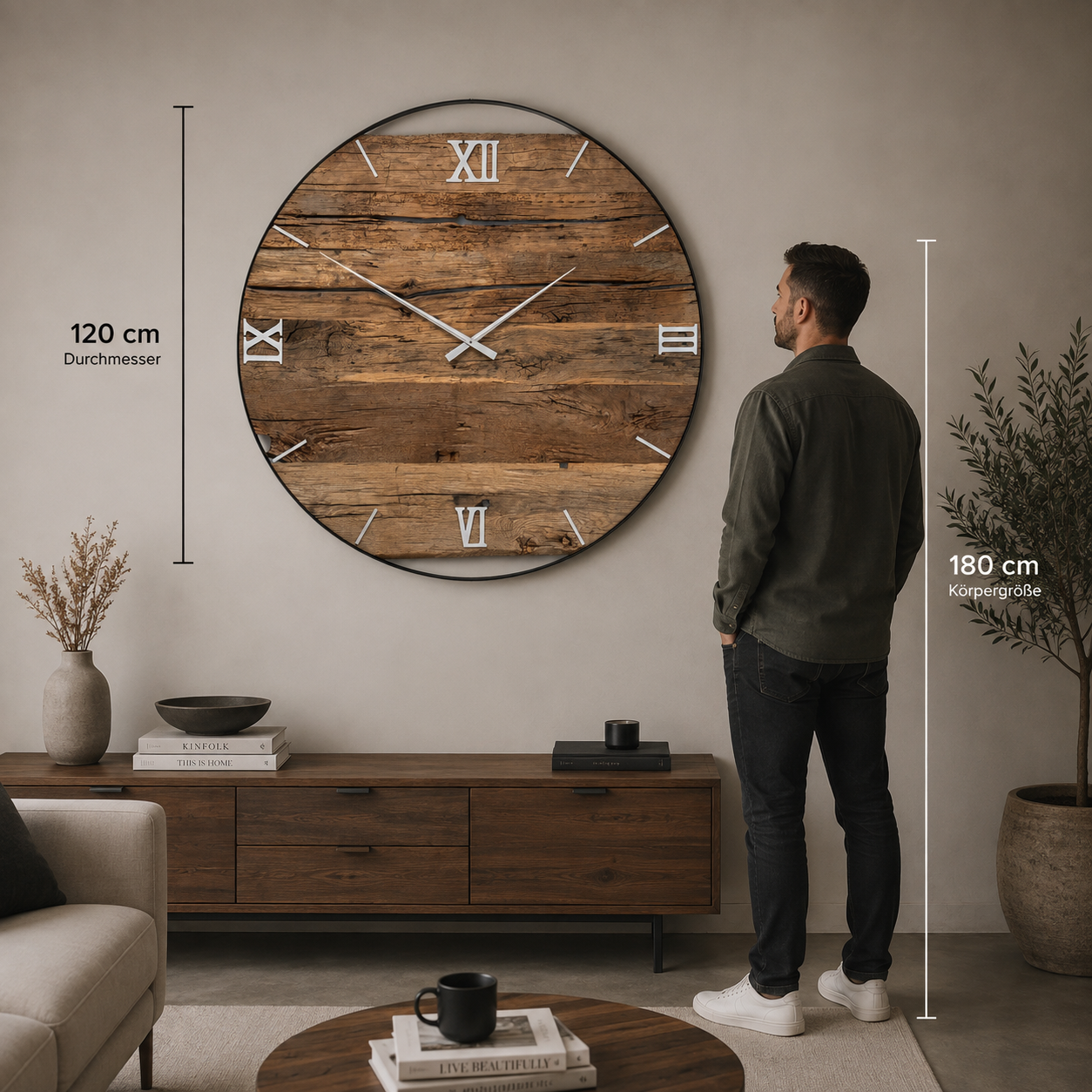 XXL Wanduhr aus Altholz-Eiche & Edelstahl – 120 cm | Handgefertigtes Unikat No 599