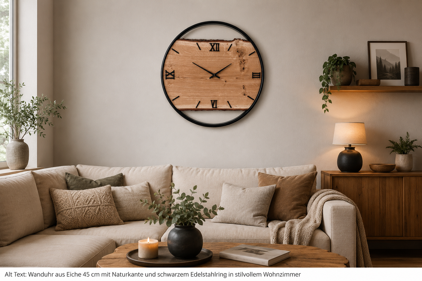 Handgefertigte Wanduhr aus Eiche 45 cm mit Naturkante & schwarzem Edelstahlring – Unikat No. 567