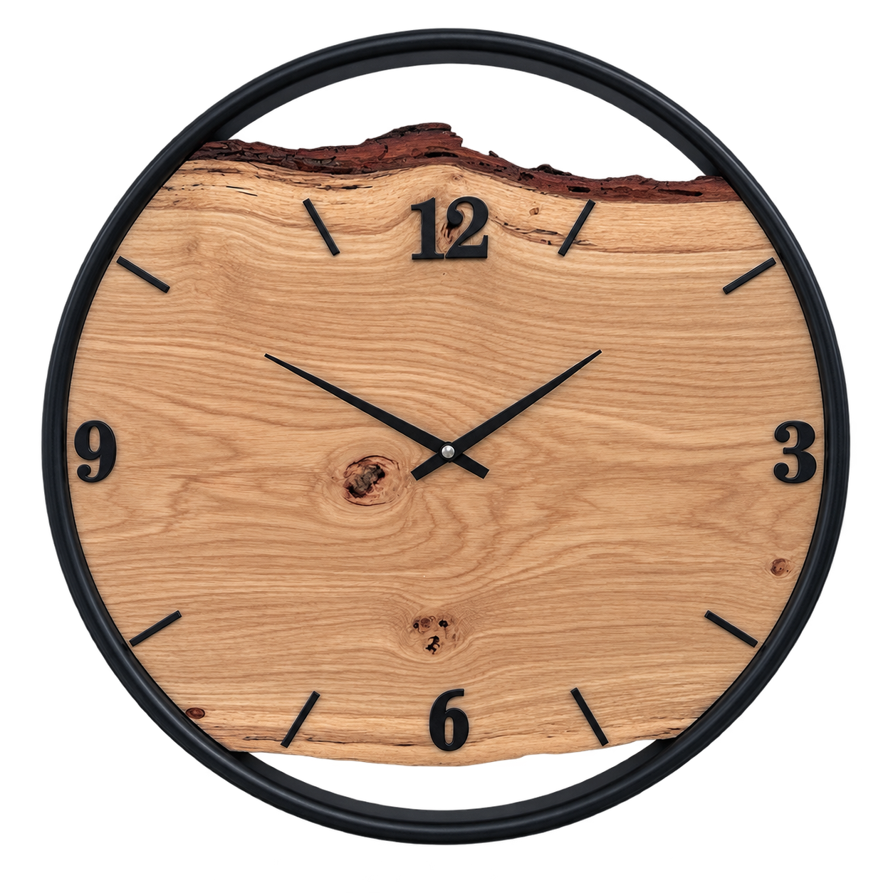 Handgefertigte Wanduhr aus Eiche 45 cm mit Naturkante und schwarzem Edelstahlring