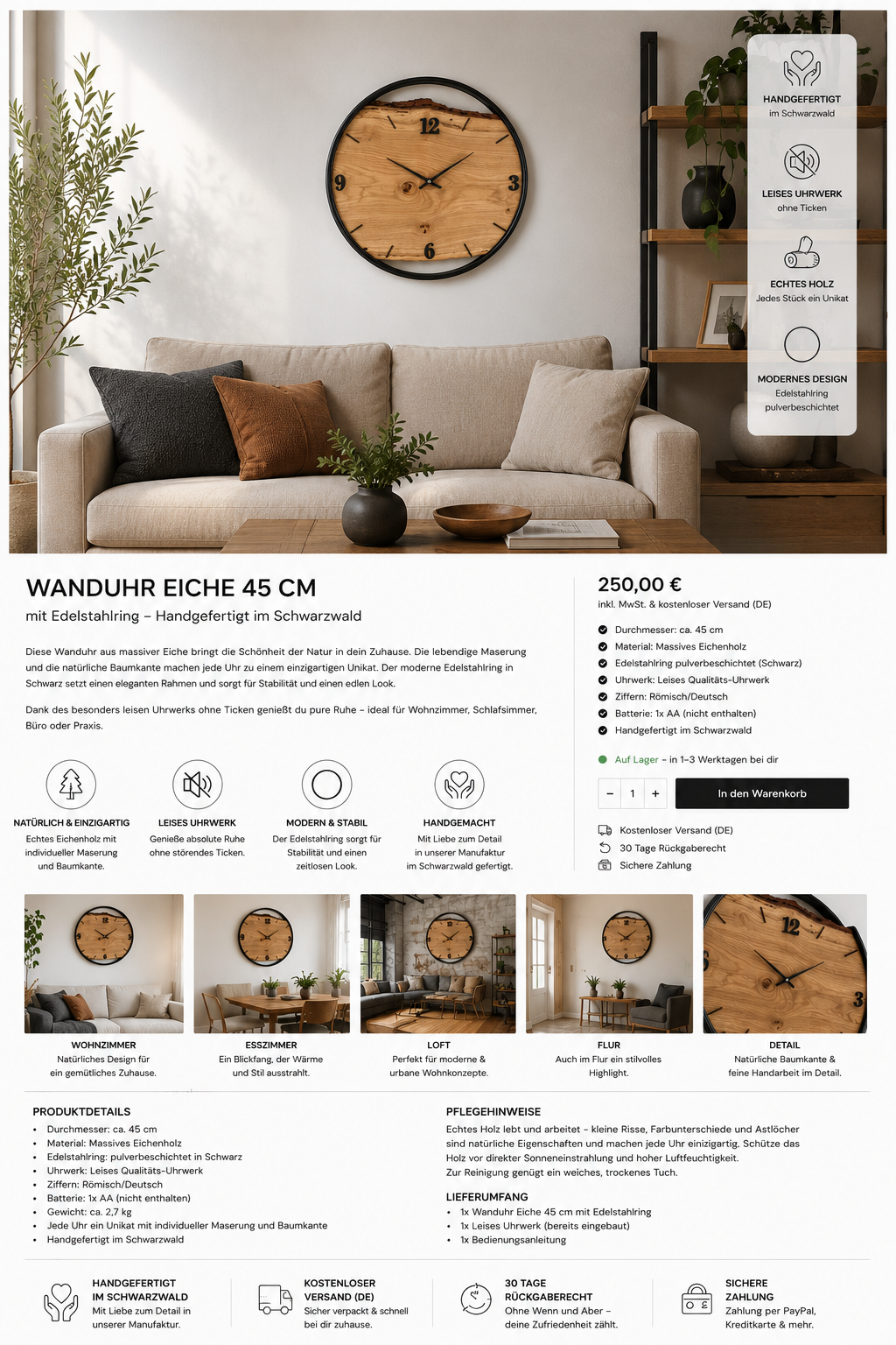 Handgefertigte Eiche Wanduhr 45 cm mit schwarzem Edelstahlring im modernen Wohnzimmer