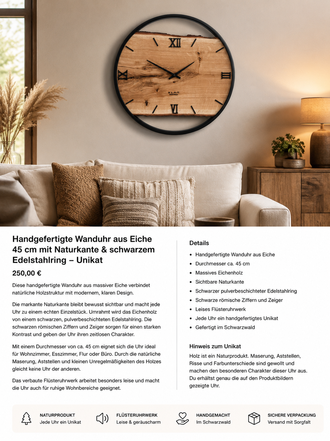 Wanduhr aus Eiche 45 cm mit schwarzem Edelstahlring als moderne Wanddekoration im Wohnzimmer – Unikat No. 566
