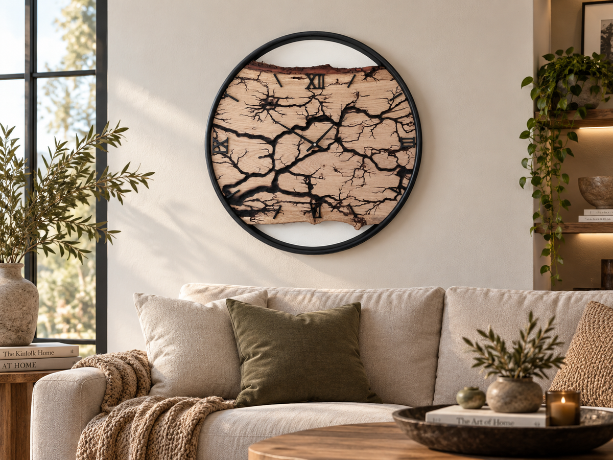 Handgefertigte Wanduhr aus Eiche 50 cm mit Blitzstruktur und schwarzem Edelstahlring in modernem Wohnzimmer – Unikat NO 575