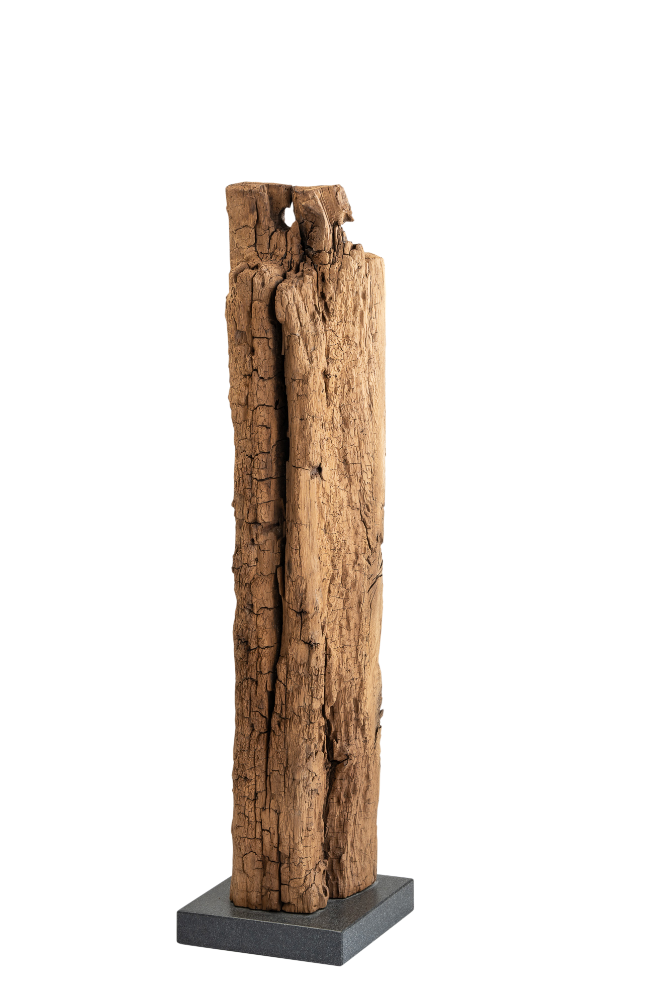 Eine Eichenholz-Skulptur, die auf einem steinernen Sockel steht. Die Skulptur zeigt eine abstrakte Form, die aus dem Eichenholz geschnitzt wurde. Die natürliche Maserung des Holzes ist sichtbar und verleiht der Skulptur eine warme und organische Ästhetik. Die Skulptur steht stabil auf einem massiven Steinsockel, der ihr eine solide Basis verleiht. Die Kombination aus Holz und Stein schafft eine harmonische Verbindung von Natur und Handwerkskunst.