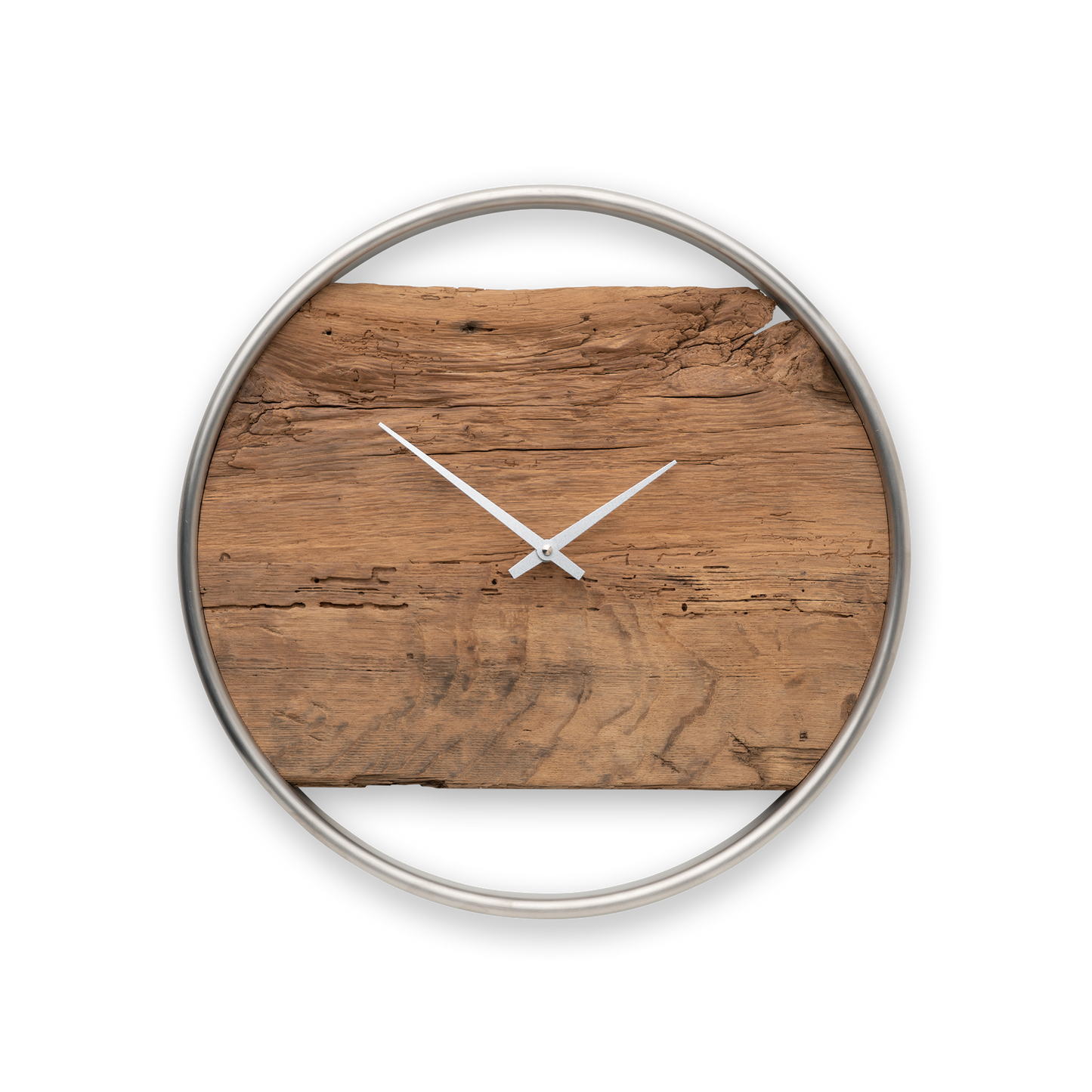 Wanduhr 40 cm Altholz Eiche – Minimalistische Designer Uhr mit Edelstahlring (Silber)NO 56940cm