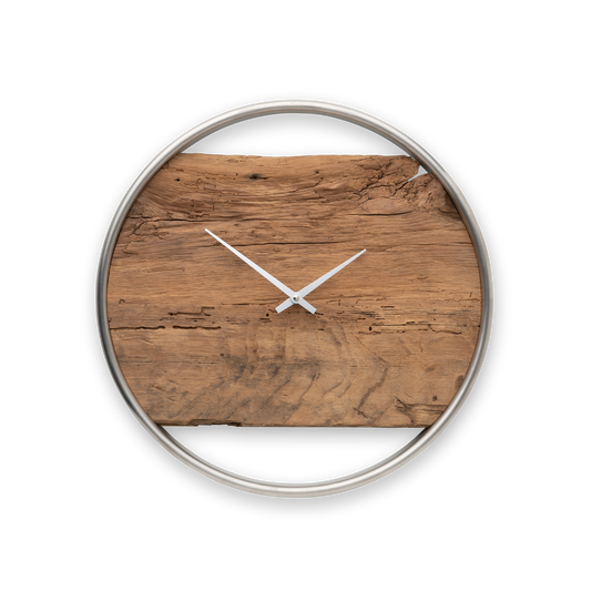 Wanduhr 40 cm Altholz Eiche – Minimalistische Designer Uhr mit Edelstahlring (Silber)NO 56940cm