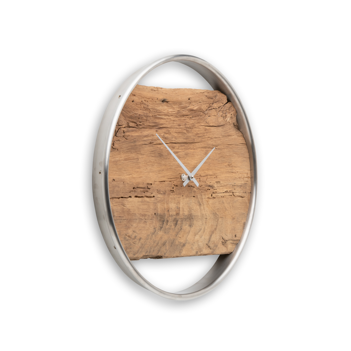 Wanduhr 40 cm Altholz Eiche – Minimalistische Designer Uhr mit Edelstahlring (Silber)NO 56940cm